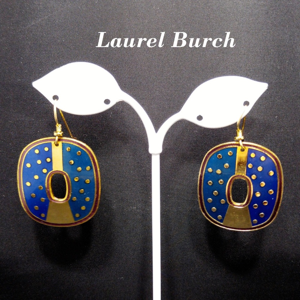 Laurel Burch Metallic Blue Gold Purple Earrings, Cloisonne Gold Plated Enamel, 1